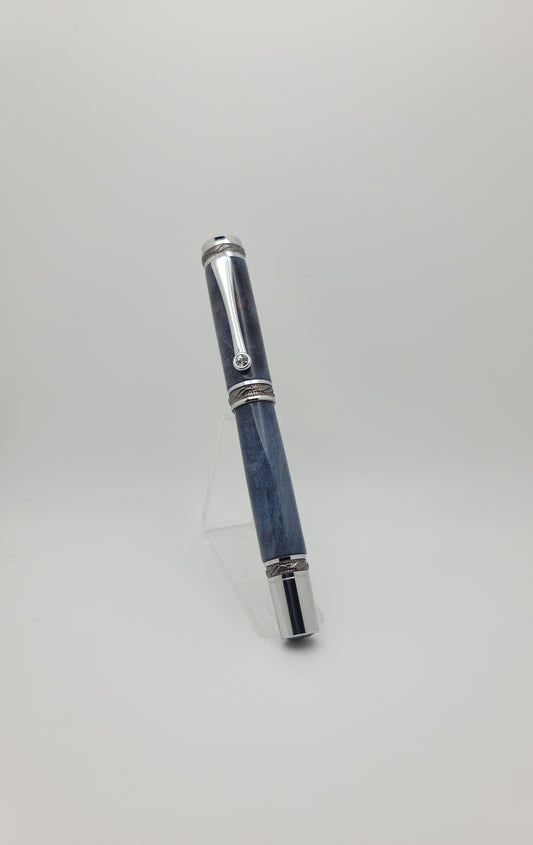Majestic Fountain Pen - Gun Metal/Chrome - Stabilized Blue Maple Burl
