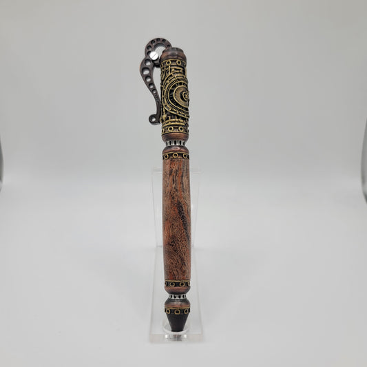 Steampunk Pen - Antique Brass/Oil Rubbed Bronze - Orange/Black Maple Burl Wood