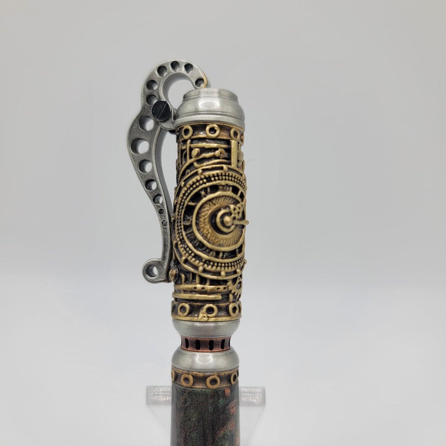 Steampunk Pen - Antique Brass/Antique Pewter - Lime/Black Maple Burl Wood