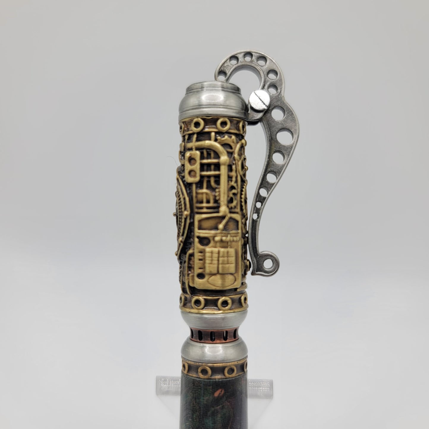 Steampunk Pen - Antique Brass/Antique Pewter - Lime/Black Maple Burl Wood