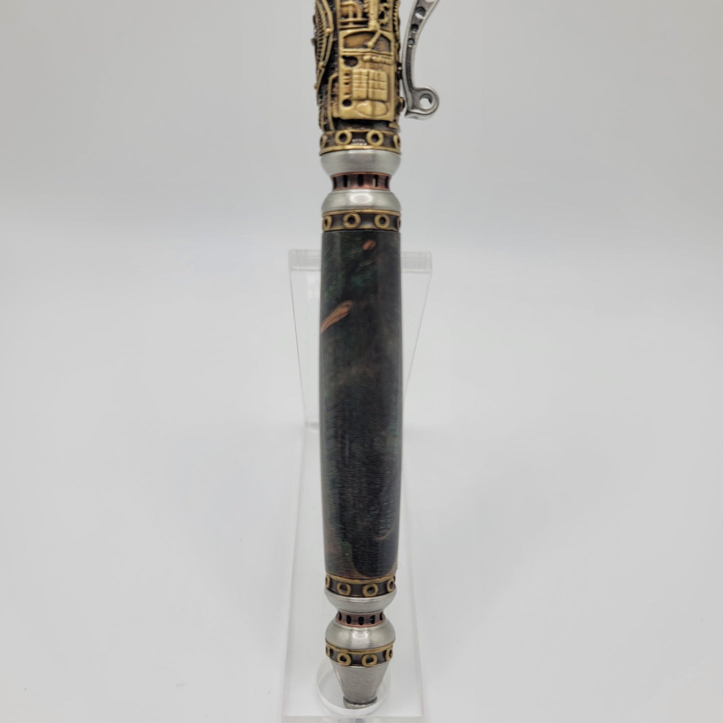 Steampunk Pen - Antique Brass/Antique Pewter - Lime/Black Maple Burl Wood
