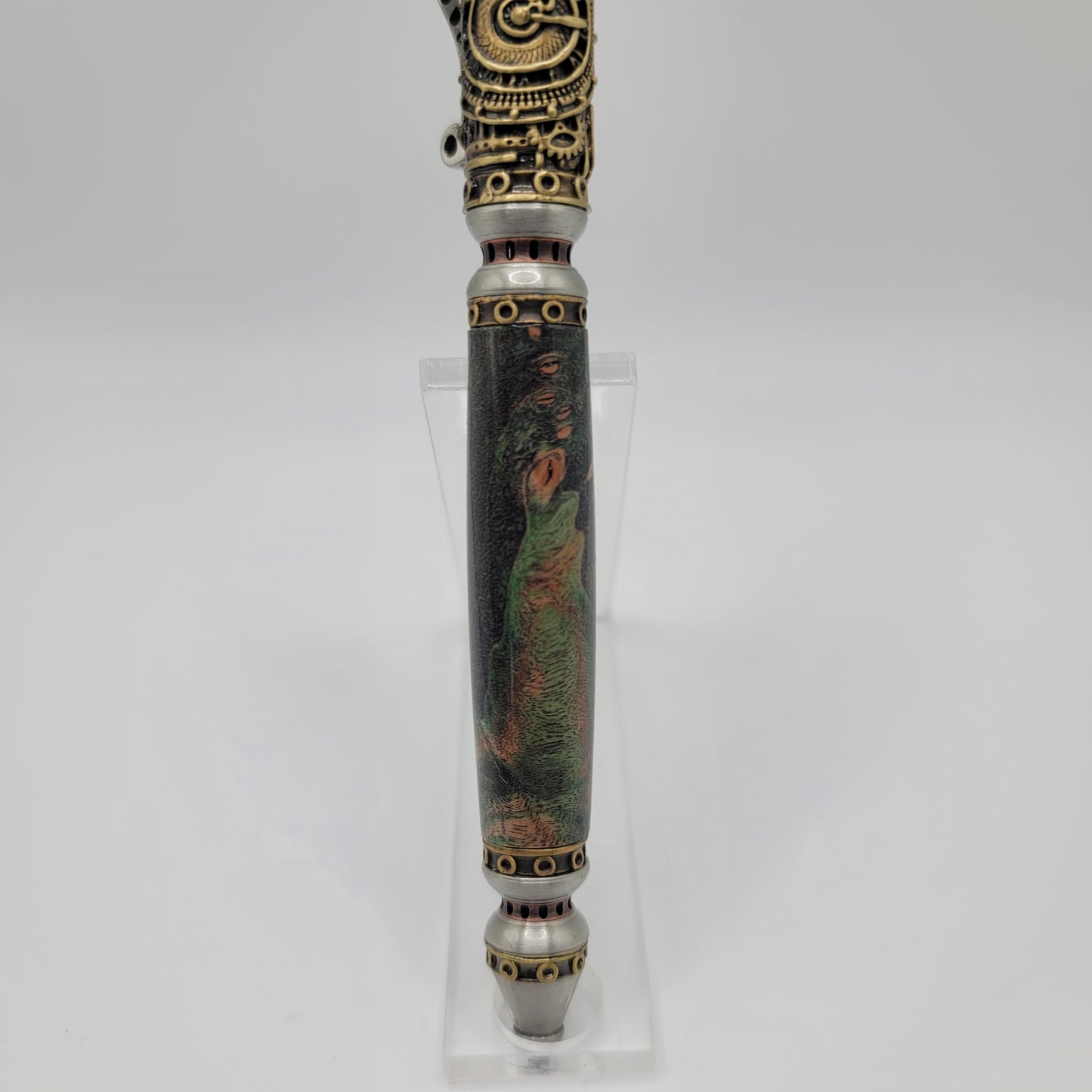 Steampunk Pen - Antique Brass/Antique Pewter - Lime/Black Maple Burl Wood