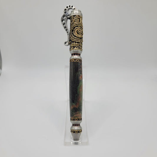 Steampunk Pen - Antique Brass/Antique Pewter - Lime/Black Maple Burl Wood